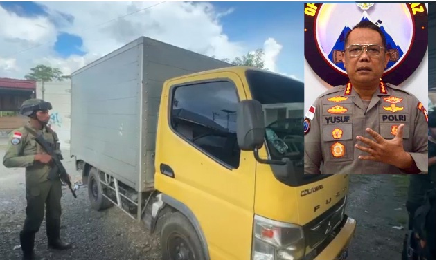 Truk box yang terdapat sejumlah bekas terkena peluru senjata api yang diduga ditembaki oleh KKB di Yahukimo. (Inset : Kasatgas Humas Operasi Damai Cartenz, Kombes Pol Yusuf Sutejo, S.I.K., M.T.)