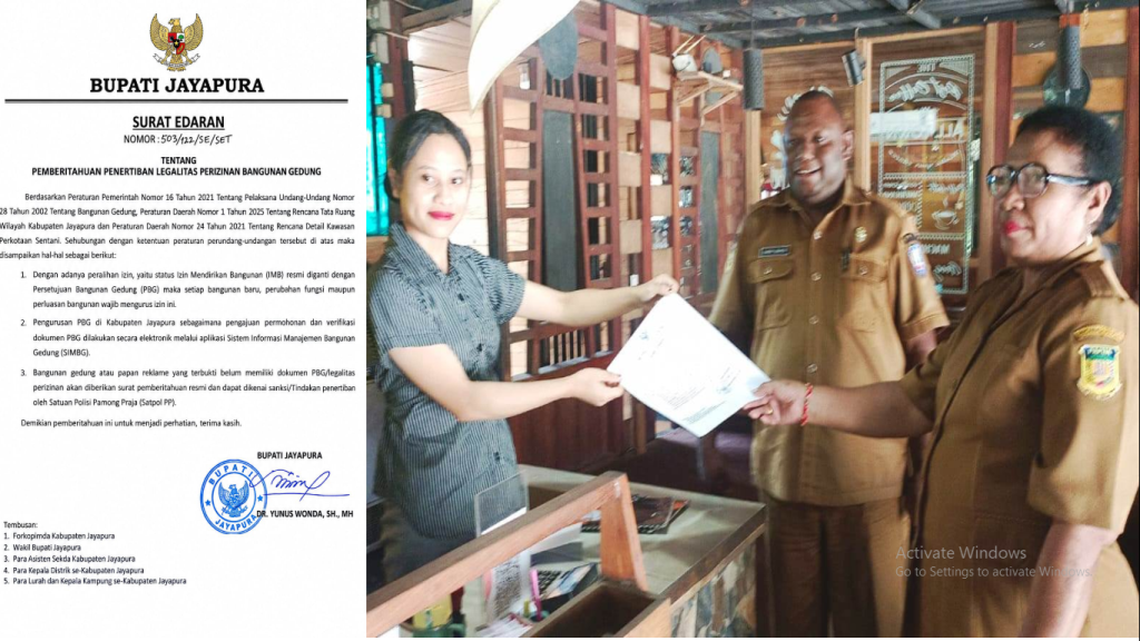 Kepada Dinas DPM-PTSP Kabupaten Jayapura, GUSTAF GRIAPON, ST. M. Sos didampingi Kepala Bidang Perizinan Tertentu, Eni Koridama menyerahkan surat edaran Bupati Jayapura